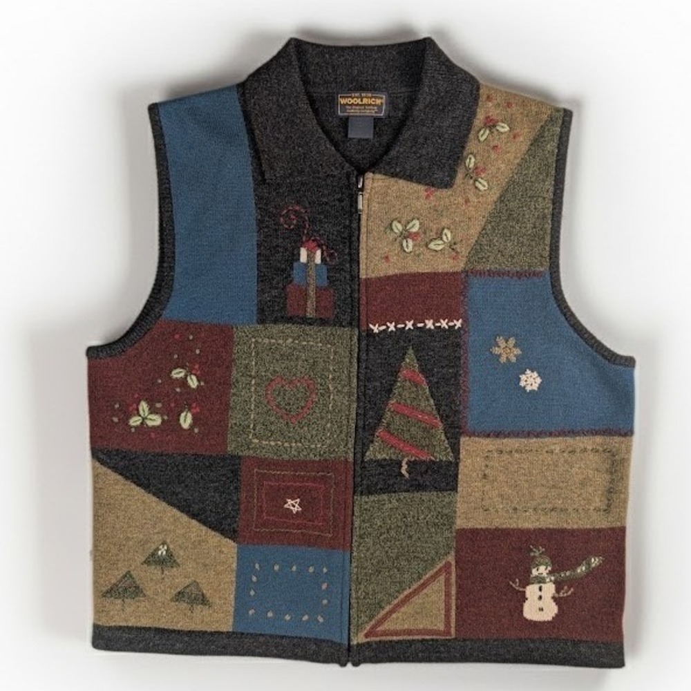 Vtg Woolrich Lambswool Christmas Embroidered Full Zip Sweater Vest Women's XL